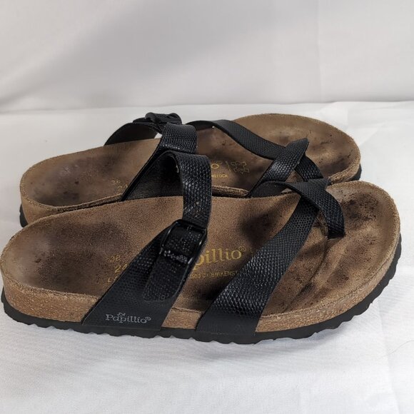 Papillio Birkenstock 38 Tabora Strappy Black Sandals US W 7 245 Pebbled Leather - Picture 4 of 14